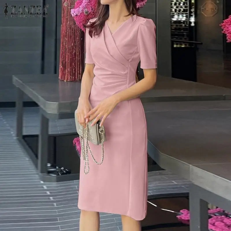 ZANZEA, vestidos de verano para mujer con cuello en V, Vestido informal de fiesta Bodycorn, Vestido de manga corta para mujer, Vestido elegante de trabajo, Vestido ajustado 2025