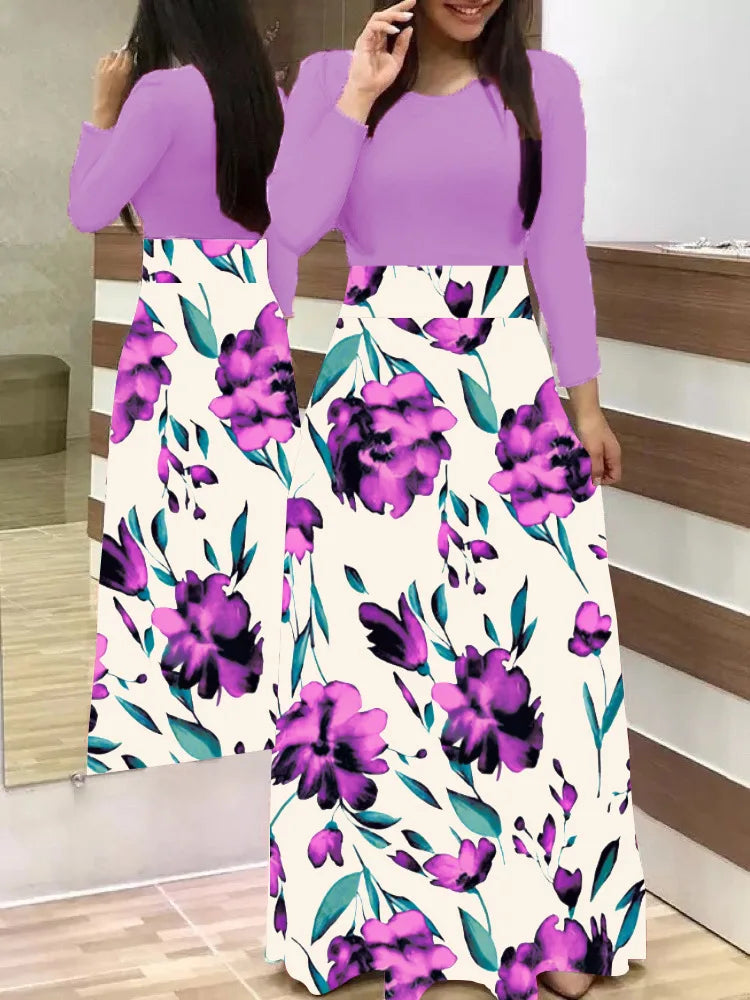 Venta caliente de otoño vestidos a juego de colores de flores europeas y americanas, vestidos largos, ropa de mujer en stock