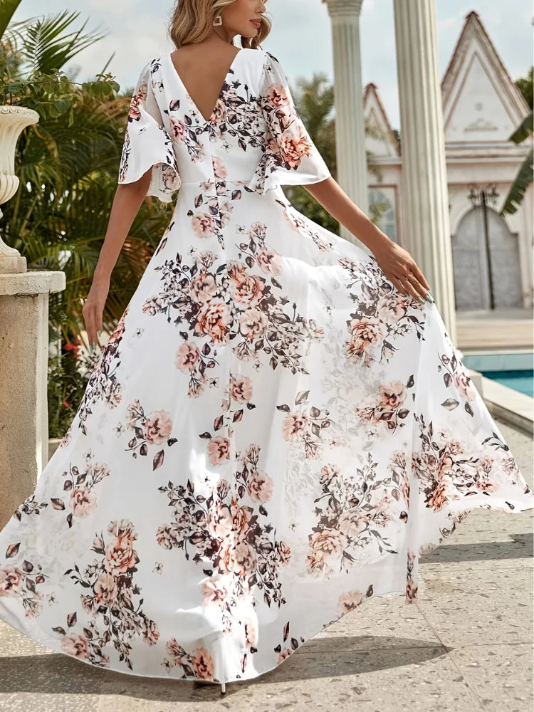 Wefads Vestido largo para mujer, informal, sexy, con cuello en V, mangas de hoja de loto, vestidos estampados para vacaciones en la playa