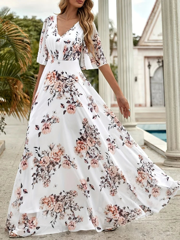 Wefads Vestido largo para mujer, informal, sexy, con cuello en V, mangas de hoja de loto, vestidos estampados para vacaciones en la playa