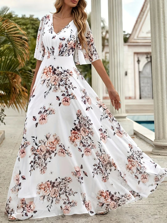 Wefads Vestido largo para mujer, informal, sexy, con cuello en V, mangas de hoja de loto, vestidos estampados para vacaciones en la playa